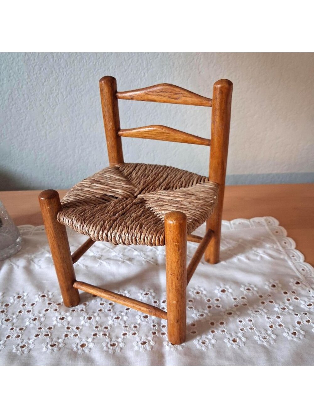 Vintage Ladder Back Wood Miniature Doll Chair, Plant Stand, Tabletop Decor